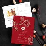 Red Peach Blossoms Double Happiness Save The Date Announcement Postcard<br><div class="desc">Oriental peach / plum blossoms, spring flowers in deep red, ivory and white with a simple round double happiness symbol. An elegant and romantic floral chinese themed wedding save the date announcement postcard design which is whimsical, modern and classy. The back of the postcard features one photo of the engaged...</div>