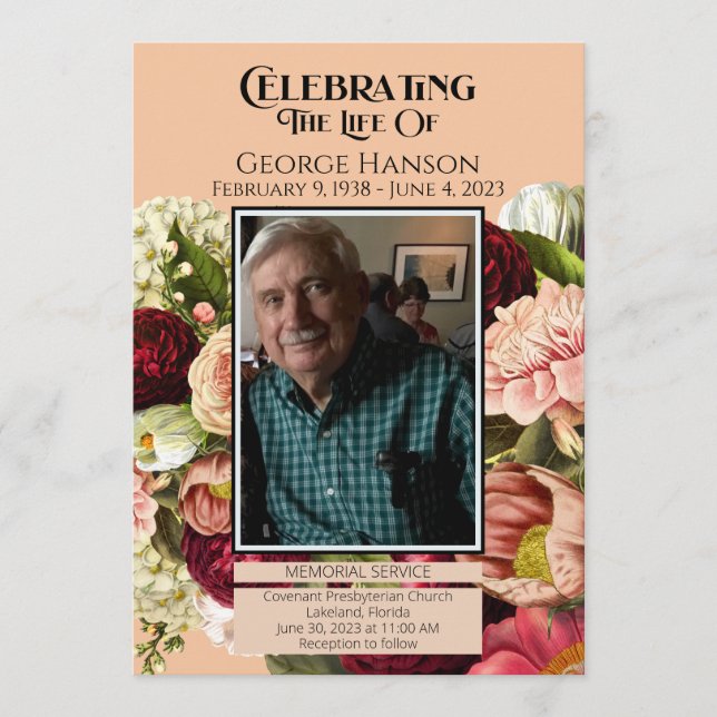 Red Peach Floral Funeral Memorial Announcement (Front)