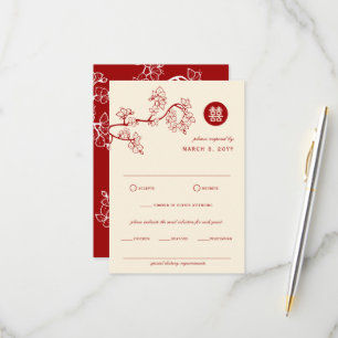 Red Peach/Plum Blossom Double Happiness Wedding RSVP Card