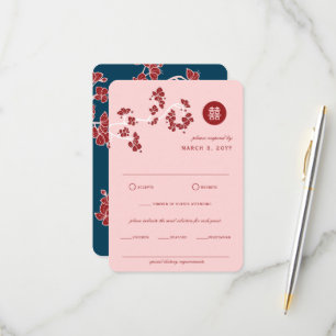 Red Peach/Plum Blossom Double Happiness Wedding RSVP Card