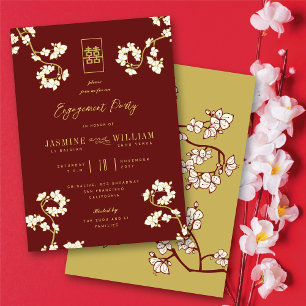 Red Peach/Plum Blossoms Chic Floral Asian Wedding Invitation