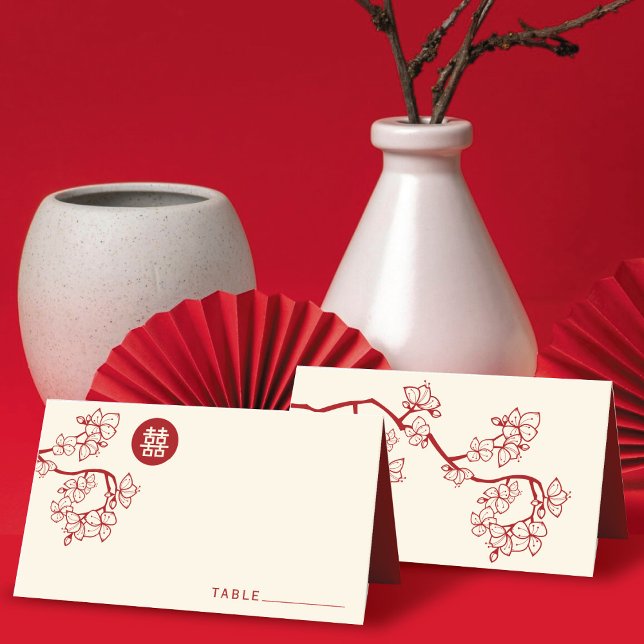 Red Peach/Plum Blossoms Double Happiness Wedding Place Card (Red Peach/Plum Blossoms Round Double Happiness Chinese Wedding Place Card @ fatfatin_red_knot)