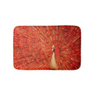 Red Peacock Displaying His Red Feathers, Bath Mat
