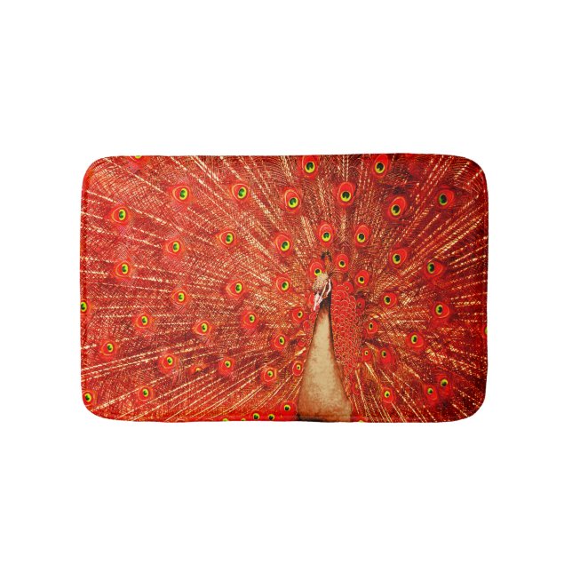 Red Peacock Displaying His Red Feathers,   Bath Mat (Front)