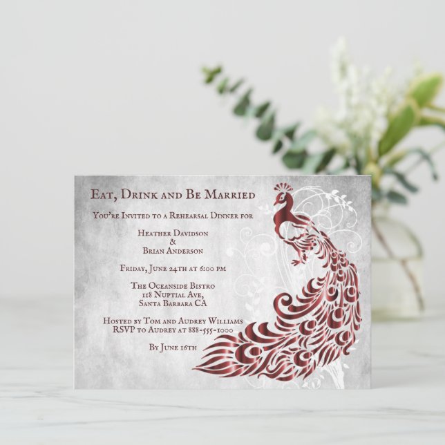 Red Peacock Leaf Vine Rehearsal Dinner Invite (Standing Front)
