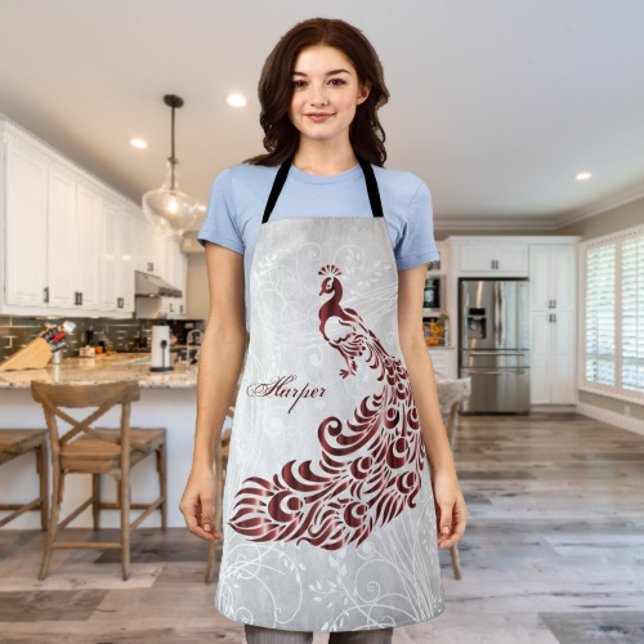 Red Peacock Personalise Print Apron (Red Peacock Personalized Apron)