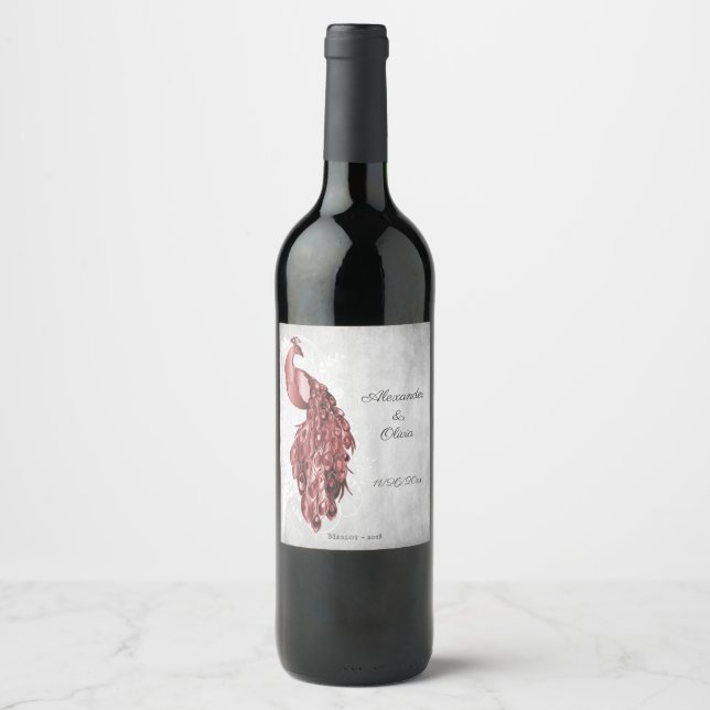Red Peacock Wedding Wine Label (Front)