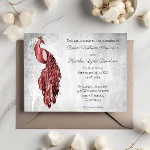 Red Peacock White Botanical Wedding Invitation