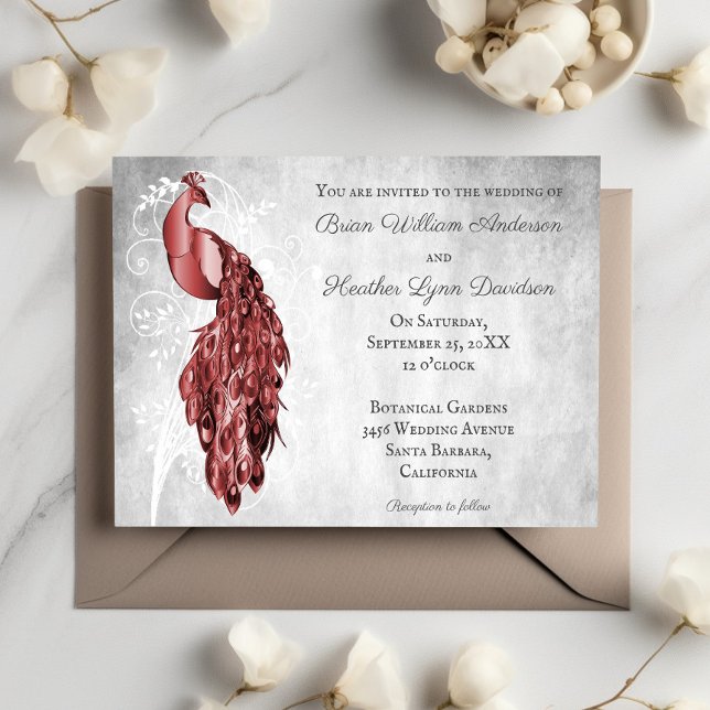 Red Peacock White Botanical Wedding Invitation (Red Peacock Wedding Invitation)