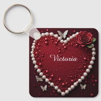 Red Pearl Heart With Roses For Valentine Decor ❤️ Key Ring