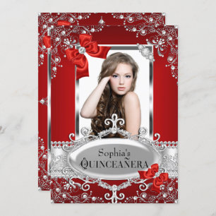 Red Pearl & Silk Bow Glamour Quinceanera Invitation