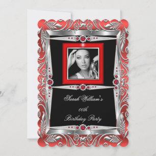 Red Pearls Birthday Party Black Silver Photo B Invitation