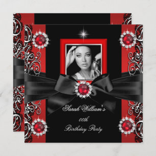 Red Pearls Birthday Party Black Silver Photo Invitation