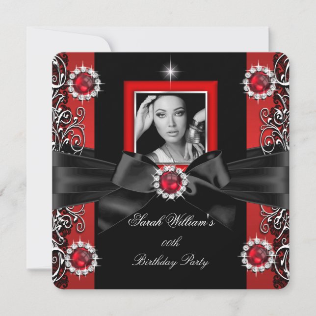 Red Pearls Birthday Party Black Silver Photo Invitation (Front)