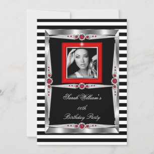 Red Pearls Birthday Party Black White Stripe Photo Invitation