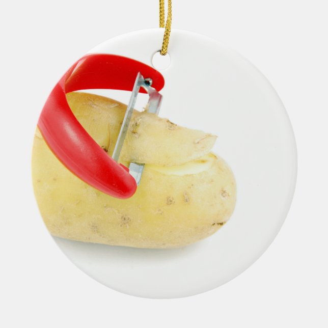 Red Peeler Slicing Potato On White Background Ceramic Tree Decoration (Front)