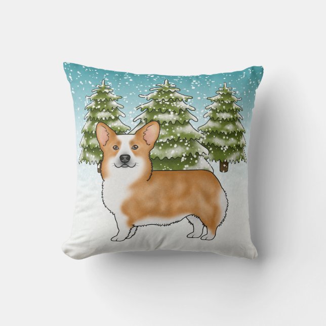 Red Pembroke Welsh Corgi Blue Winter Christmas Cushion (Front)