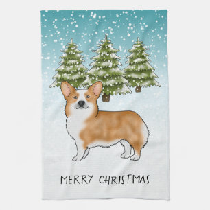Red Pembroke Welsh Corgi Blue Winter Christmas Tea Towel
