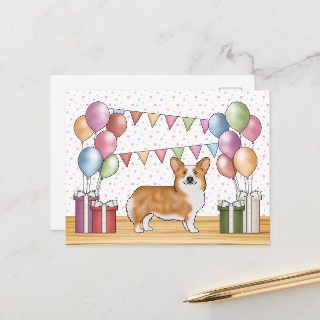 Red Pembroke Welsh Corgi Colourful Pastel Birthday Postcard (Front/Back In Situ)