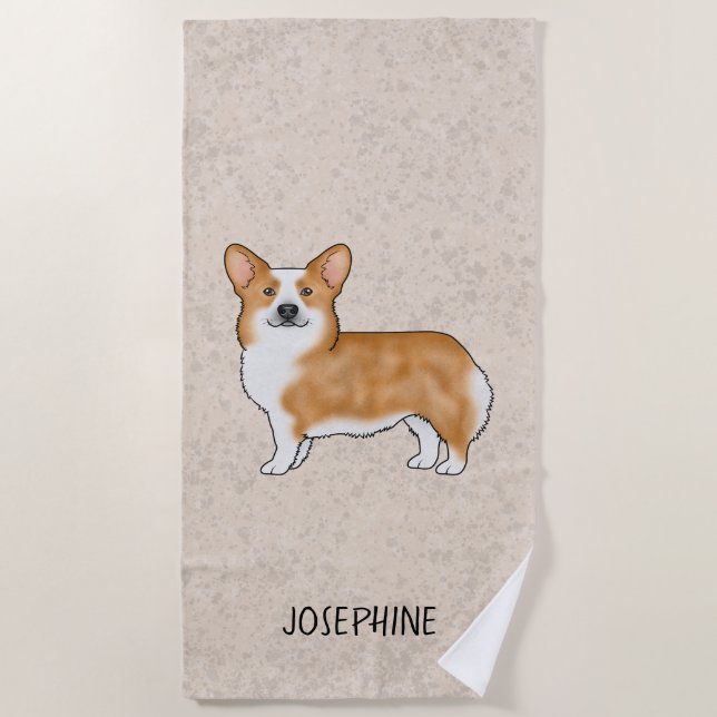 Red Pembroke Welsh Corgi Cute Dog With Custom Name Beach Towel (Front)