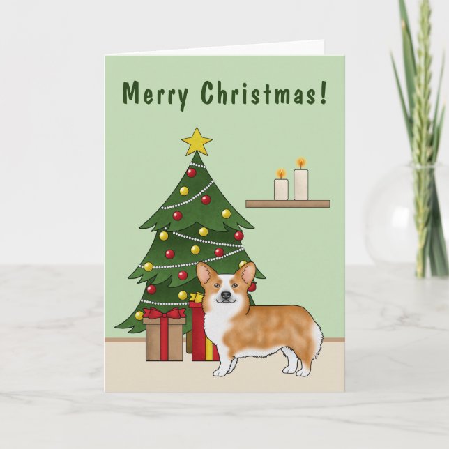 Red Pembroke Welsh Corgi Dog And Christmas Tree Card (Front)