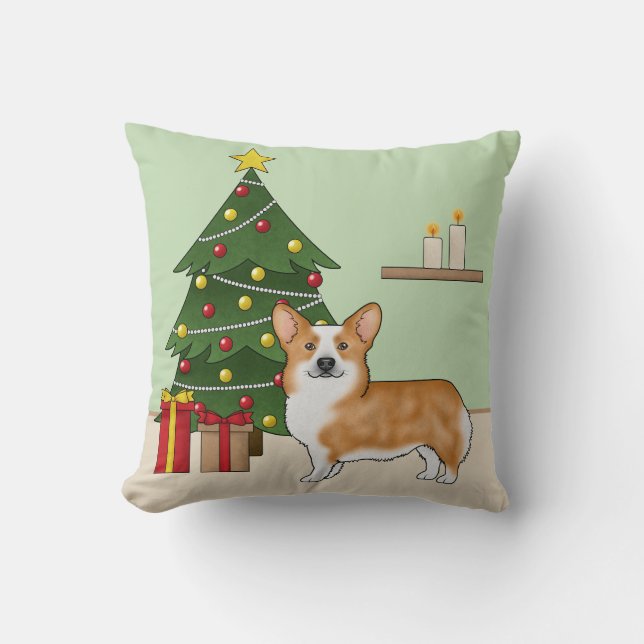 Red Pembroke Welsh Corgi Dog And Christmas Tree Cushion (Front)