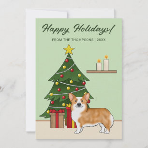 Red Pembroke Welsh Corgi Dog And Christmas Tree Holiday Card