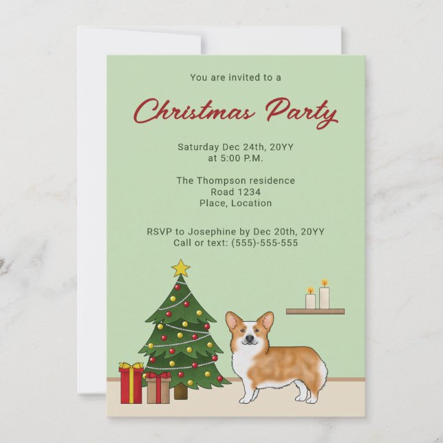 Red Pembroke Welsh Corgi Dog And Christmas Tree Invitation (Front)
