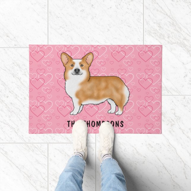 Red Pembroke Welsh Corgi On Pink Hearts With Name Doormat (Indoor)