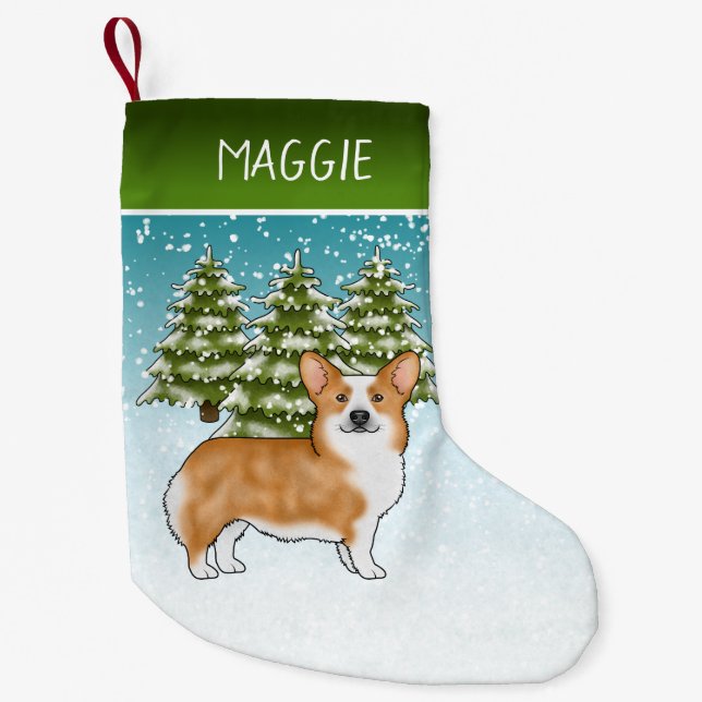 Red Pembroke Welsh Corgi Winter Forest Christmas Small Christmas Stocking (Front)