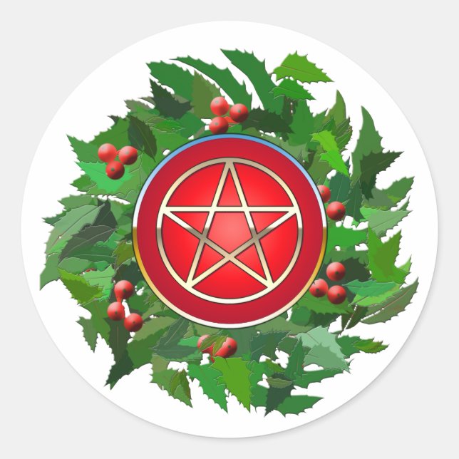 Red Pentacle on Holly Wreath Classic Round Sticker (Front)
