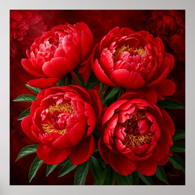 Red Peonies Against a Rich Crimson Background Poster (Front)