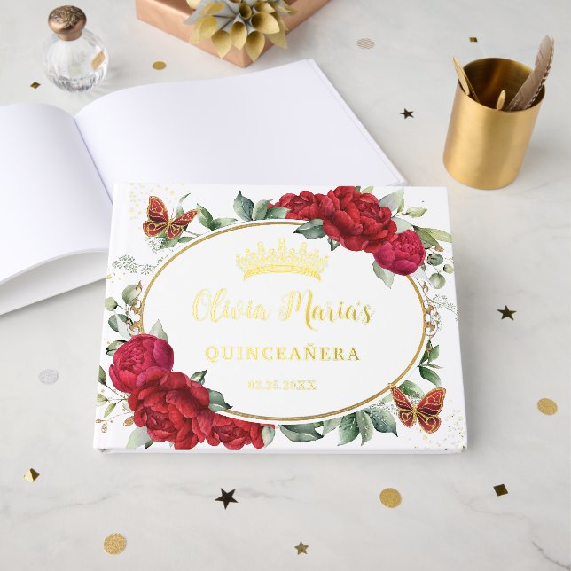 Red Peonies Floral Butterflies Quinceanera Gold Guest Book (Front Open)