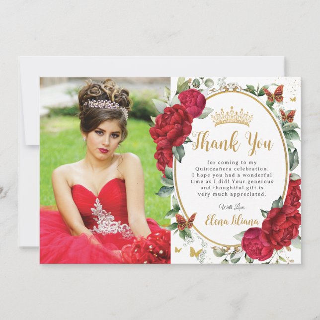 Red Peonies Floral Butterflies Quinceañera Photo Thank You Card (Front)