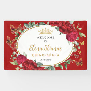 Red Peonies Floral Butterflies Quinceañera Welcome Banner