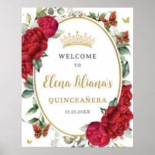 Red Peonies Floral Butterflies Quinceañera Welcome Poster