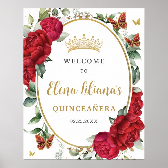 Red Peonies Floral Butterflies Quinceañera Welcome Poster (Front)