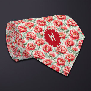 Red Peonies Floral  Tie