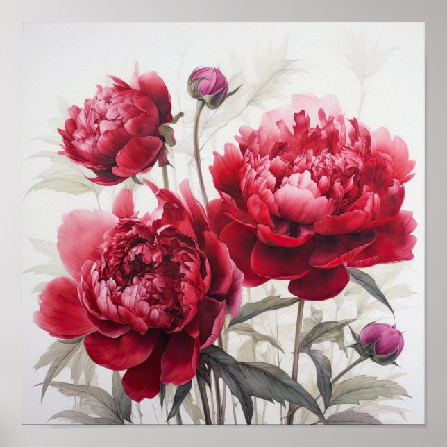 Red Peonies Flower Art Print Poster (Front)