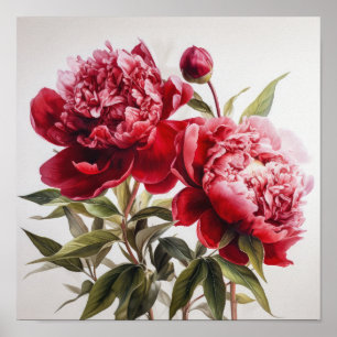 Red Peonies Flower Art Print Poster