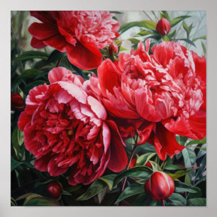 Red Peonies Flower Art Print Poster