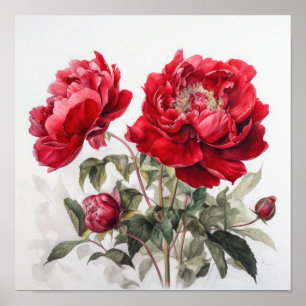Red Peonies Flower Art Print Poster