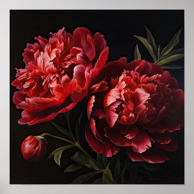 Red Peonies Flower Art Print Poster (Front)
