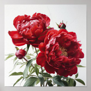 Red Peonies Flower Art Print Poster