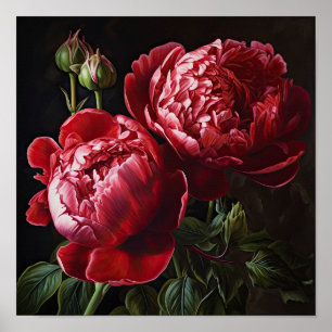 Red Peonies Flower Art Print Poster