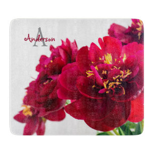 Red Peonies Glass chopping board