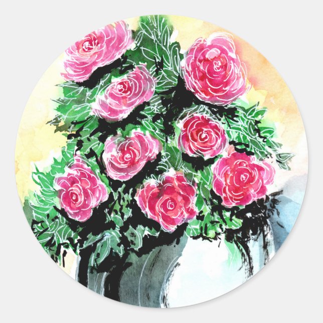 Red Peonies in a Vase Classic Round Sticker (Front)