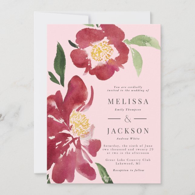 Red Peonies Wedding Invitation Blush (Front)
