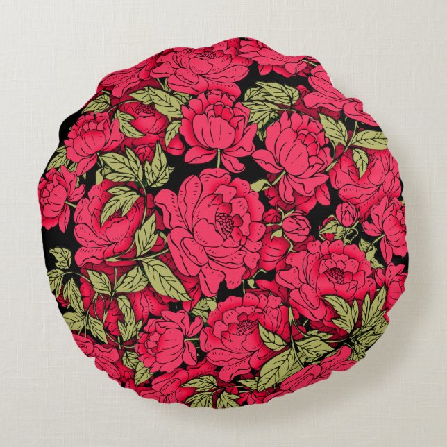 Red Peonies with Gold Leaves Round Cushion (Back)