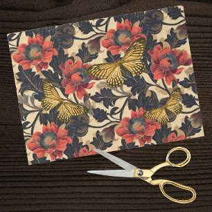 Red Peonies Yellow Butterflies Art Nouveau Style Tissue Paper